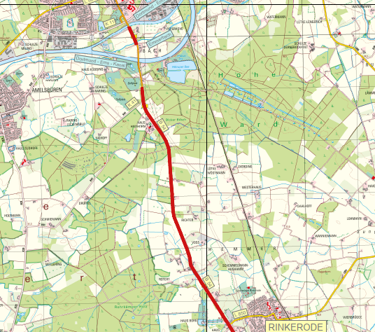 Das Bild zeigt eine Karte. Der Trassenverlauf zwischen Rinkerode und Hiltrup entlang der Bundesstraße B54 und Westfalenstraße ist als rote Linie dargestellt.