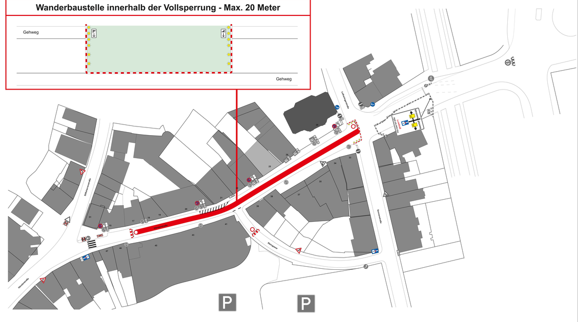 Dargestellt ist ein Kartenausschnitt der Hörsterstraße. Das Baufeld ist als roter Strich eingezeichnet und der Straßenplan zeigt zusätzliche Verkehrszeichen.  