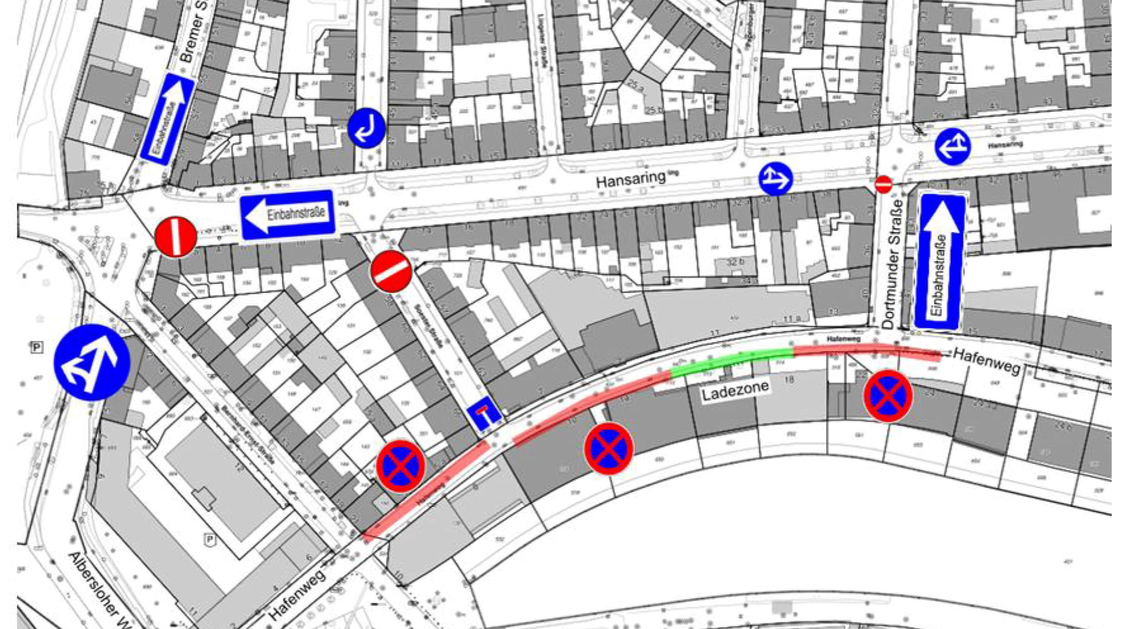 Kartenauschnitt mit Verkehrszeichenplan des Hansaring in der Baustellensituation